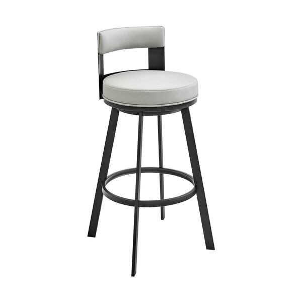 Armen Living Lynof Swivel Bar Stool in Black Metal with Light Gray Faux Leather 840254335493 - main